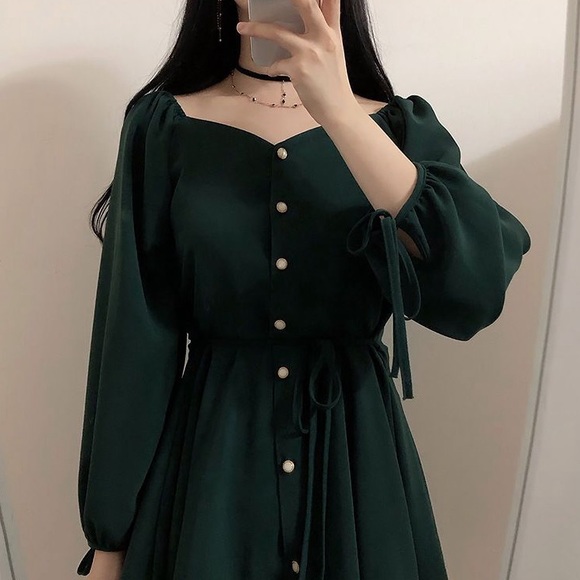 EFO - Long Sleeve Sweetheart Neckline Mini A-Line Dress in Dark Green - Picture 2 of 10